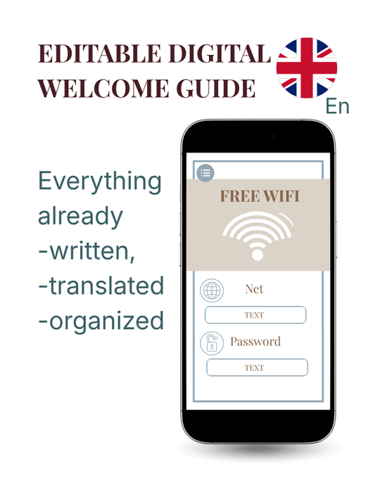 English digital welcome guide for Airbnb hosts - editable in Canva - AQ Digital
