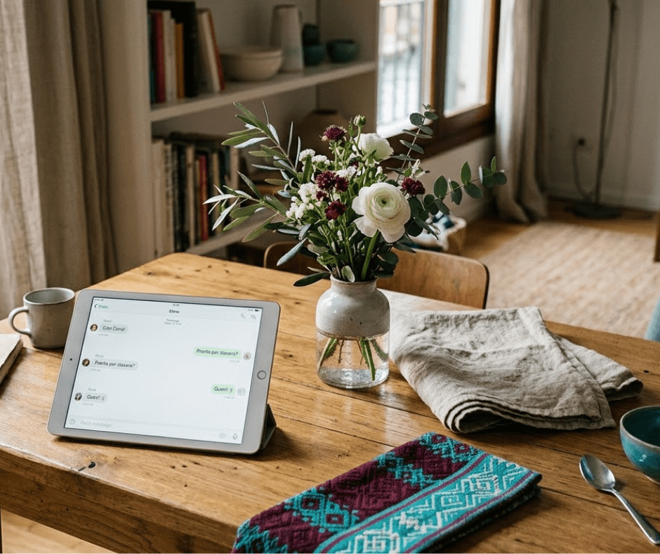 Tablet with guest chat interface in a modern Venetian apartment, Airbnb host checklist