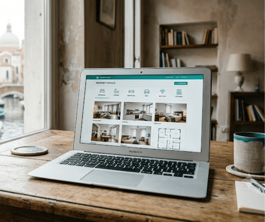 Laptop on a wooden desk by a window overlooking a Venice canal, screen showing a structured property listing interface with room photos and floor plan, for Airbnb AI search visibility 2026 article
