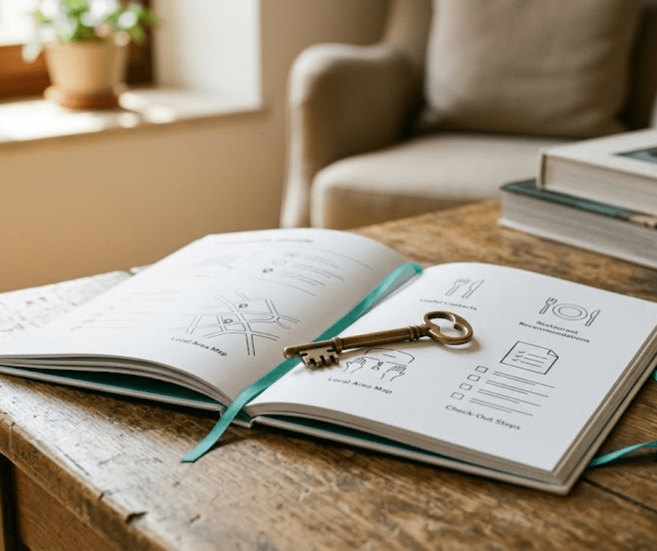 Open welcome book with a brass house key and teal ribbon bookmark on a wooden table, Venetian apartment interior, Airbnb conversion rate ranking factor 2026, AQ Digita