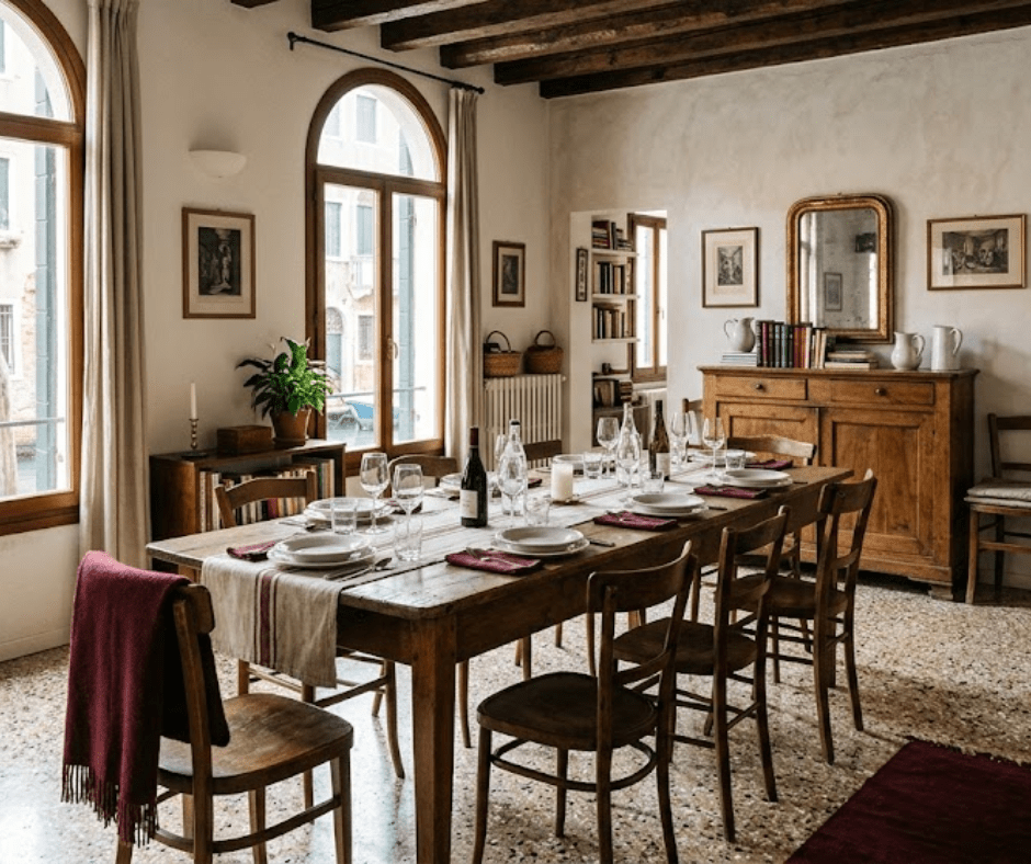 Spacious Venetian apartment dining room set for a large group stay, long wooden table with eight place settings, Airbnb host checklist for large groups