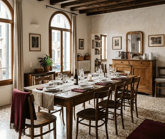 Spacious Venetian apartment dining room set for a large group stay, long wooden table with eight place settings, Airbnb host checklist for large groups