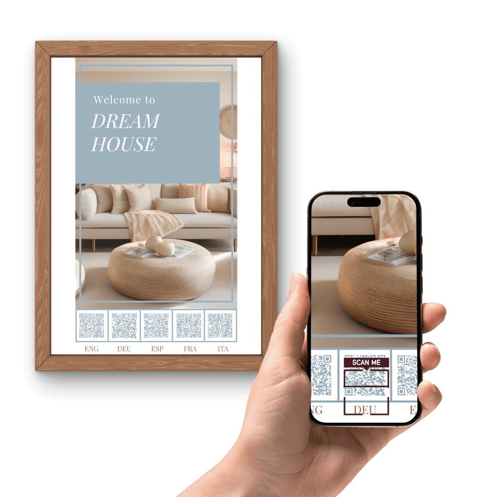 Framed digital welcome guide and smartphone displaying a QR code, illustrating one-scan guest access to the property house guide