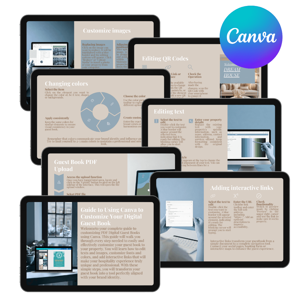 Step-by-step Canva guide mockup showing how to customize a digital welcome guide template for short-term rental guests
